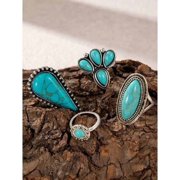 Simple and Elegant Blue Turquoise Water Teardrop Ring Set varied size - Picture 8 of 12